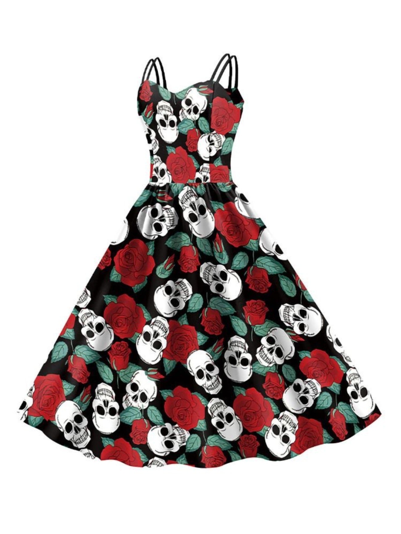 Women'S Gothic Victorian-Inspired Black & White Floral Print Suspender Dress Costume - Sleeveless A-Line Mid-Length with Ruffled Hem & V-Neck, Structured H-Line Silhouette for Halloween Carnival Party, Themed Events - Breatha