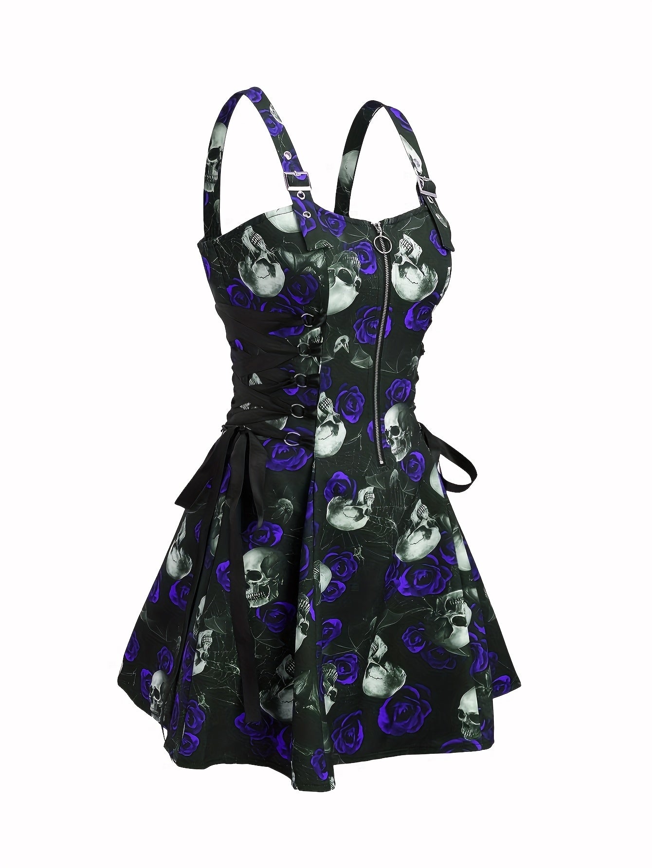 [Gothic Rose Midi Dress] Elegant Halloween Women's Gothic Rose Print Midi Dress | Casual Sleeveless A-Line Skirt with Back Zipper and Corset Detail, Black with White Floral Pattern