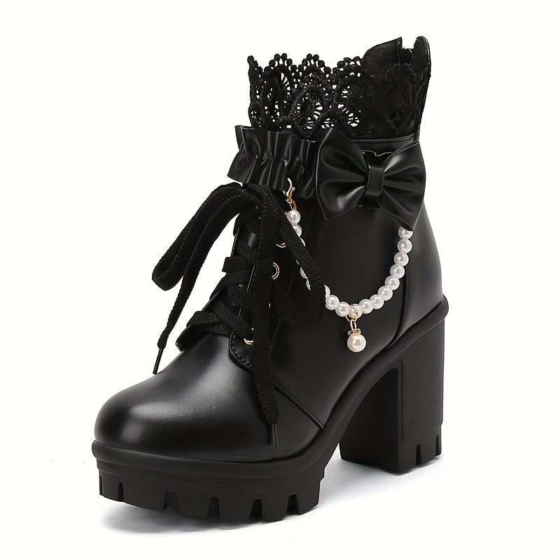 [Winter Chunky Heel Boots] Women's Winter Chunky Heel Gothic Lace-Up Ankle Boots | Japanese/Korean Fashion Faux Cover Round-Toe Short Boots with Thick Platform Sole, Zipper Closure & Heart Bow Buckle, Soft Fabric Lining - Cut