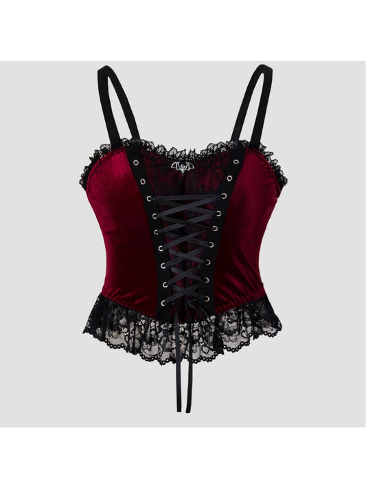 's Gothic Victorian Corset Top - Black Lace & Burgundy Ruffled Bustle with Adjustable Suspender Vest, Fitted Waist Cincher, Hand Washable Spice Style Costume for Themed Parties & Casual Attire