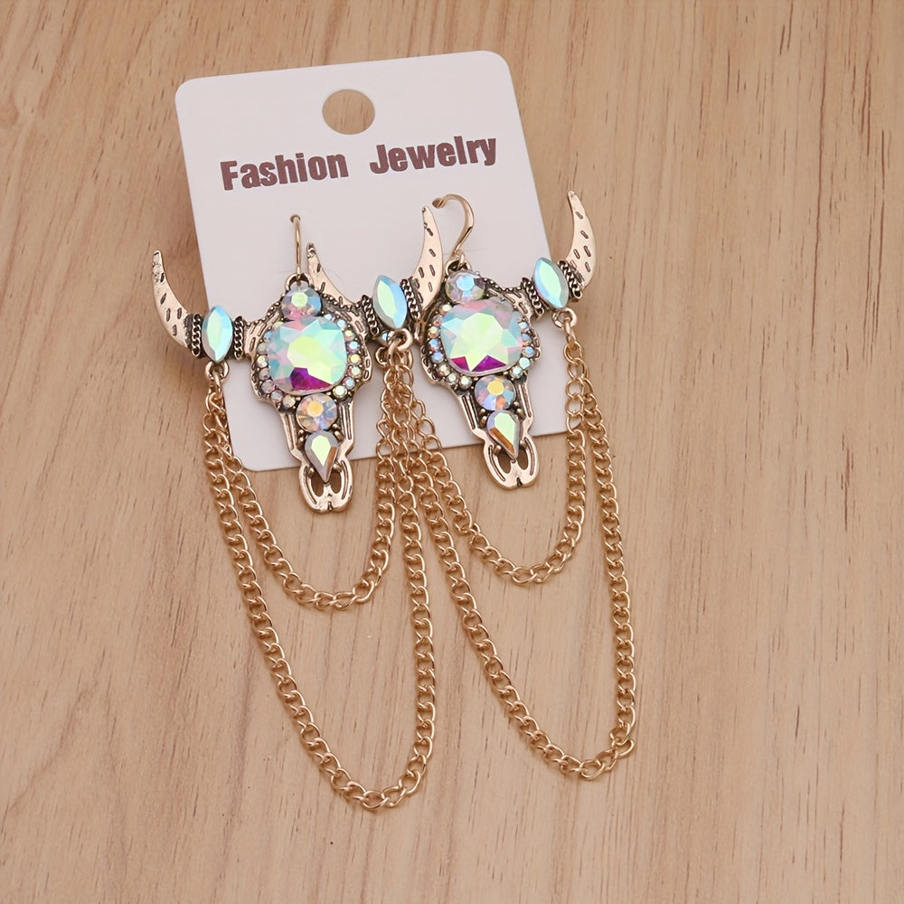 Gothic Western Vintage Tassel Rhinestone Bull Head Long Earrings for Women's Party Casual Fashion Jewelry
