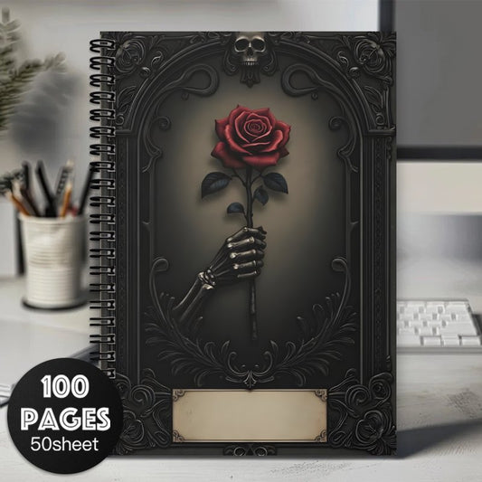 1pc Gothic Spiral Notebook Journal - Mystical Rose & Skull Design, Black with Golden Accents, 100 Pages, Perfect for Daily Writing, Travel, Office, or Gift for Teen Girls, Gothic Journaling | Skull Rose Design | Durable Spira