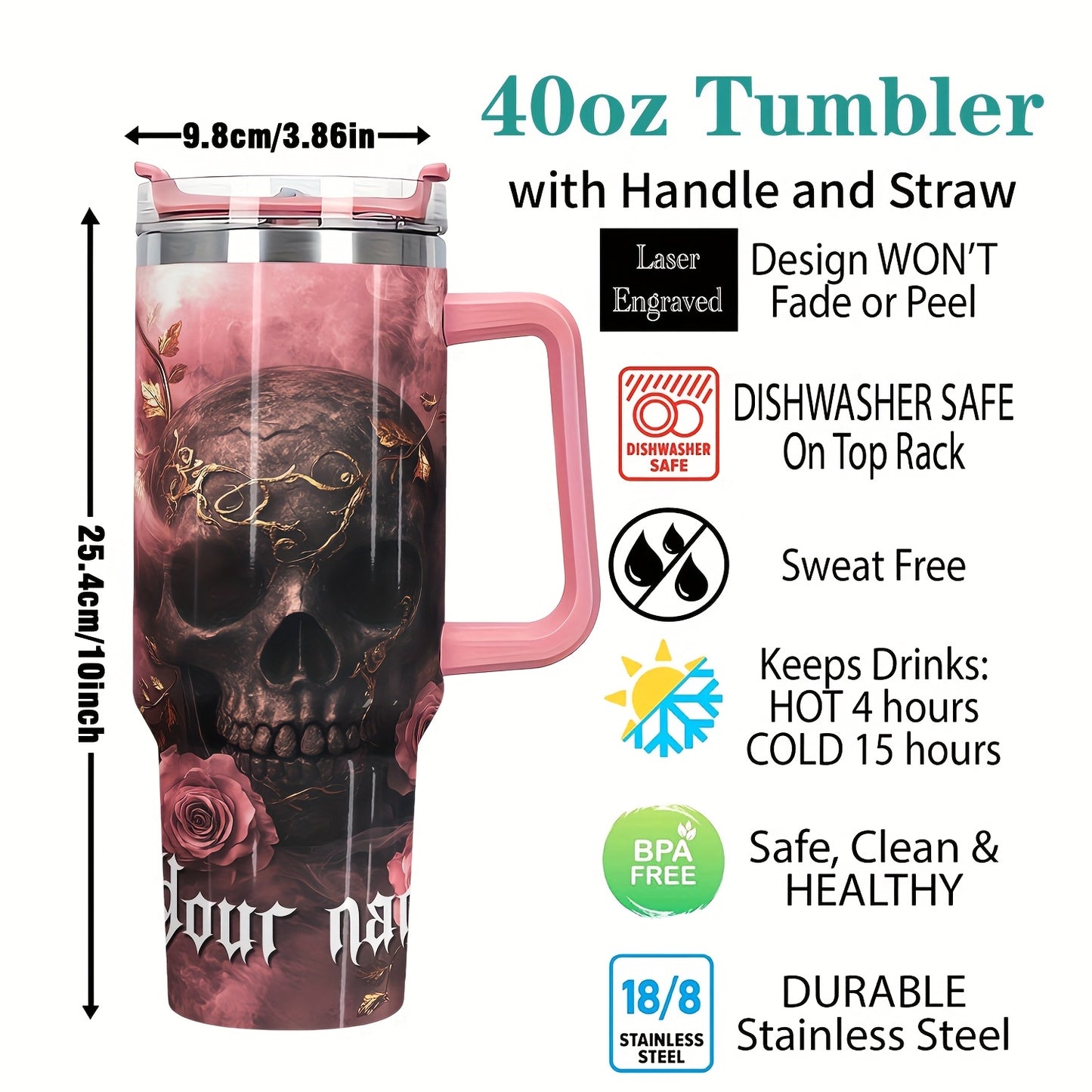 1pc MISVAN Personalized Tumbler with Lid - Custom Name Pink Golden Rose Skull Print 40oz Stainless Steel Insulated Water Bottle, BPA-Free Hot & Cold Drinkware for Outdoor Travel, Mother's Day Father's Day Graduation Gifts
