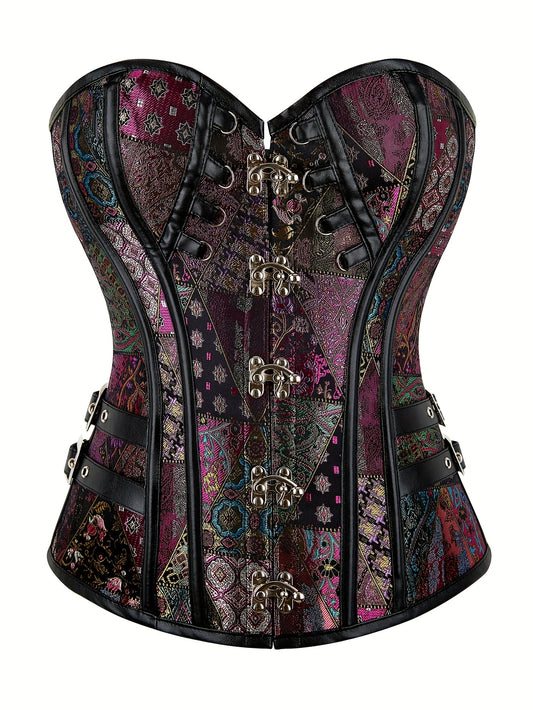 Women'S Punk Corset - Vintage Gothic Body Shaper with Floral & Geometric Patterns, Adjustable Lace-Up Waist Cincher for Tight Fitting, Halloween Costume & Daily Wear, Themed Event Attire, Intricate Pattern Design