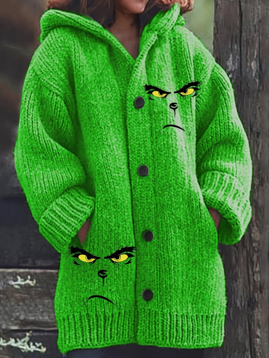 Women's Neon Green Hooded Sweater with Hat - Oversized Loose-Fit Long Sleeve Button-Front Cardigan, Vibrant Lime Green Winter Sweater for Casual & Halloween Outfits, Cozy Fall Winter Sweater for Layering, H-Line Silhouette, C