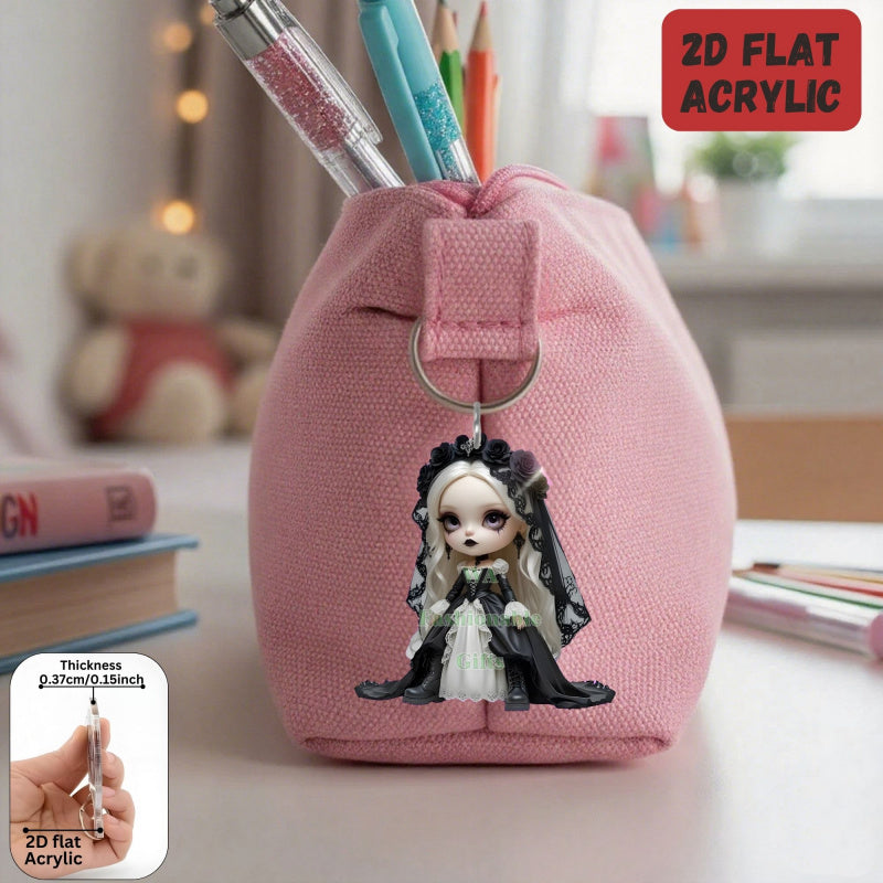 2D Flat, 1pc or 6pcs Gothic Horror Doll Keychain - Cute Gothic with Expressive Eyes, Flat 2D Flat Design with Black Hair & White Face Paint - Compatible with Backpacks, Cars, Phones, Keys - Spooky Accessory for Halloween, Chr