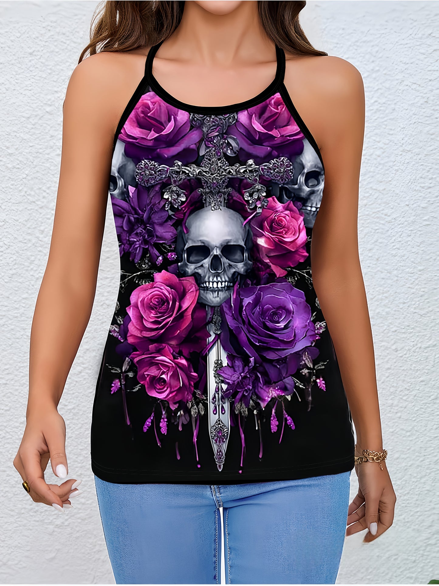 [Halloween] Women's Gothic Crossed Skull & Roses Backless T-Shirt - Edgy Halloween Party Top with Crisscross Strap, Non-See-Through Fabric for Costume Events, Everyday Gothic Outfits - Year-Round Dark Aesthetic Tee, Goth T Sh