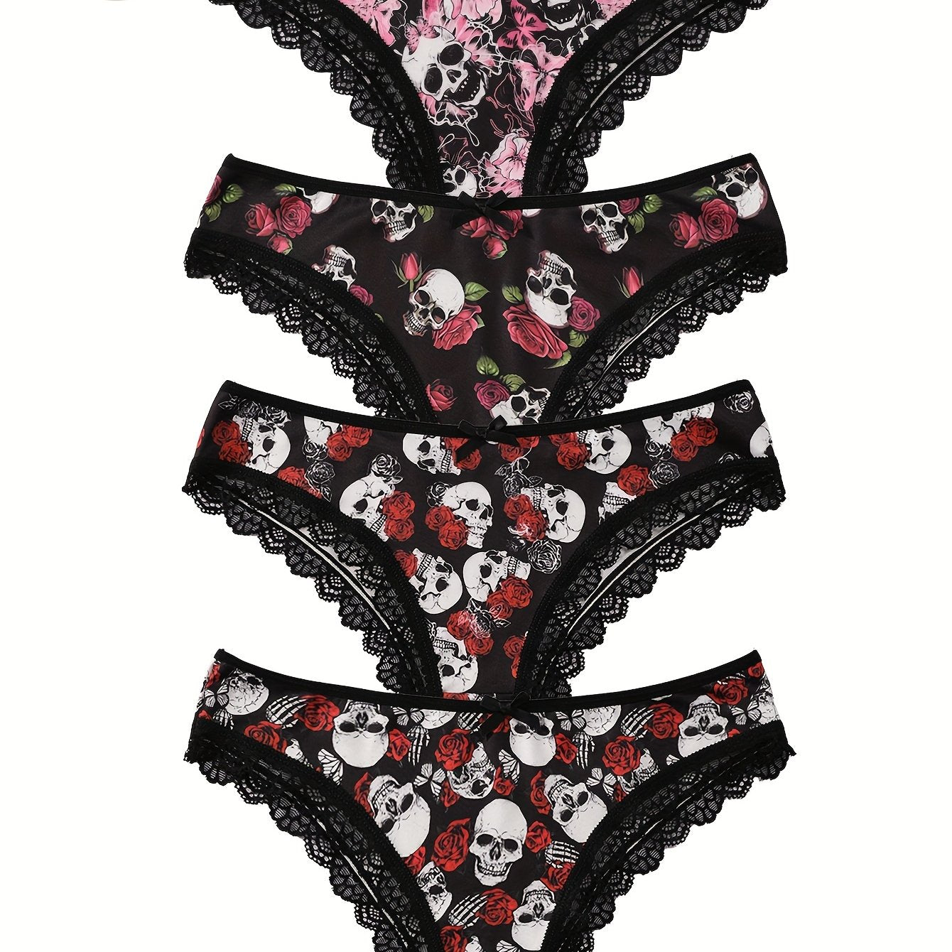 4pcs Women's Gothic Portraits Skeleton decorations & Ghost Costumes Print Panties,Halloween decor,Breathable High Elasticity Underwear, Sexy Ladies Lingerie Set, Halloween Gift Ideas.