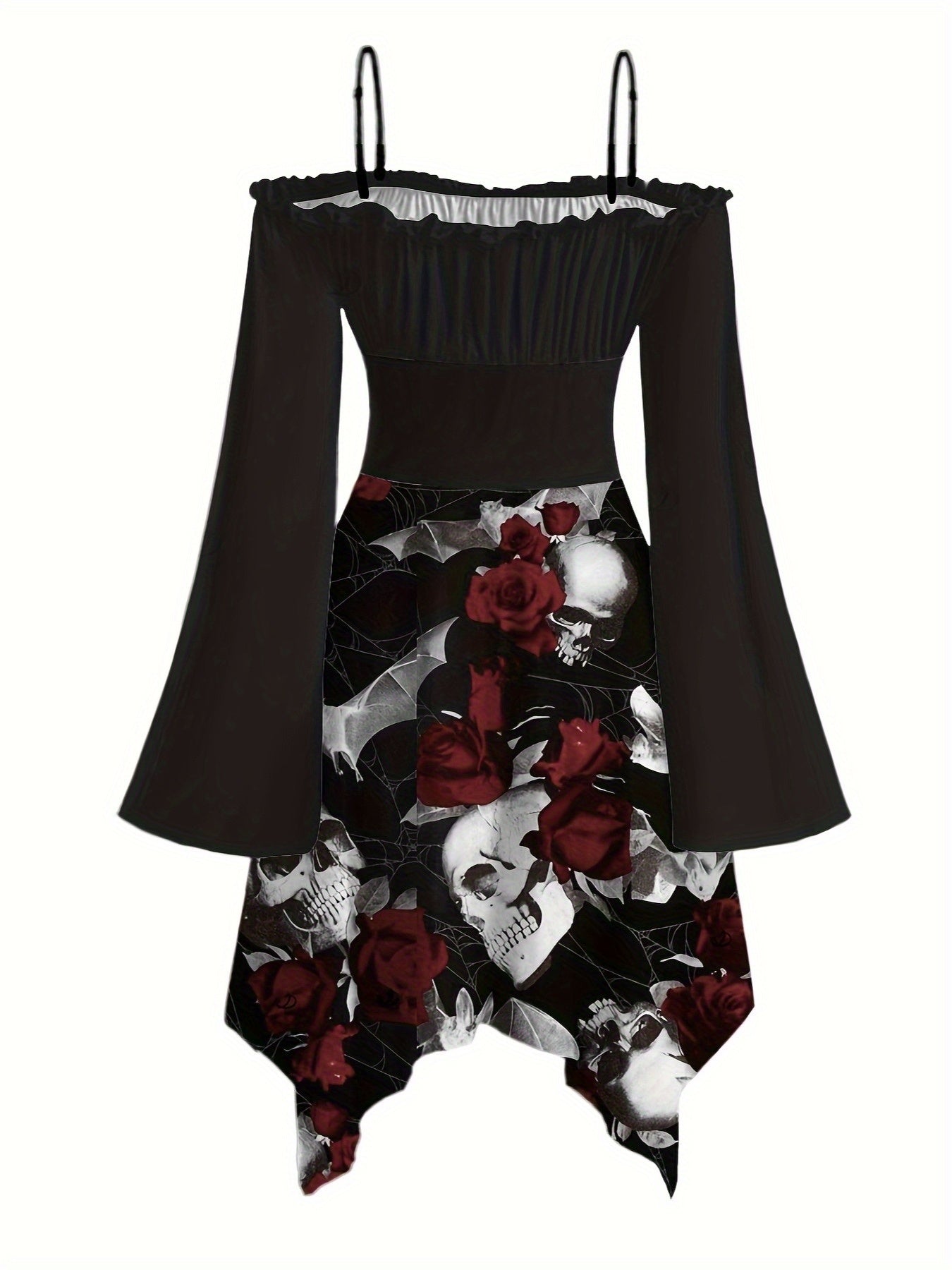 Women's Gothic Victorian-Inspired Sunflower & Skull Print Maxi Dress - Lace-Up Front with Ruffled Off-Shoulder Spaghetti Strap, Asymmetrical Hem & Bell Sleeves, Machine Washable A-Line Silhouette for Halloween, Themed Parties