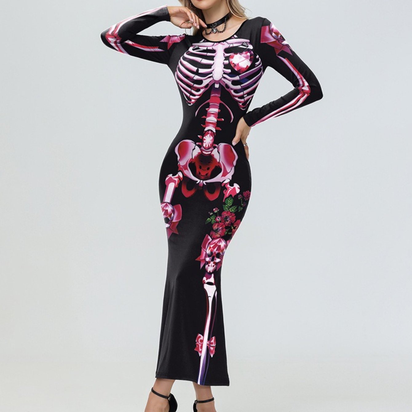 Women'S 2025 Halloween Skeleton Print Bodycon Dress - Sexy Gothic Long Sleeve Full-Body Skeleton & Rose Patterned Tight-Fit Elegant Dress with Round Neck, Spooky Theme Party Outfit for Costume Parties, Cosplay & Themed Events