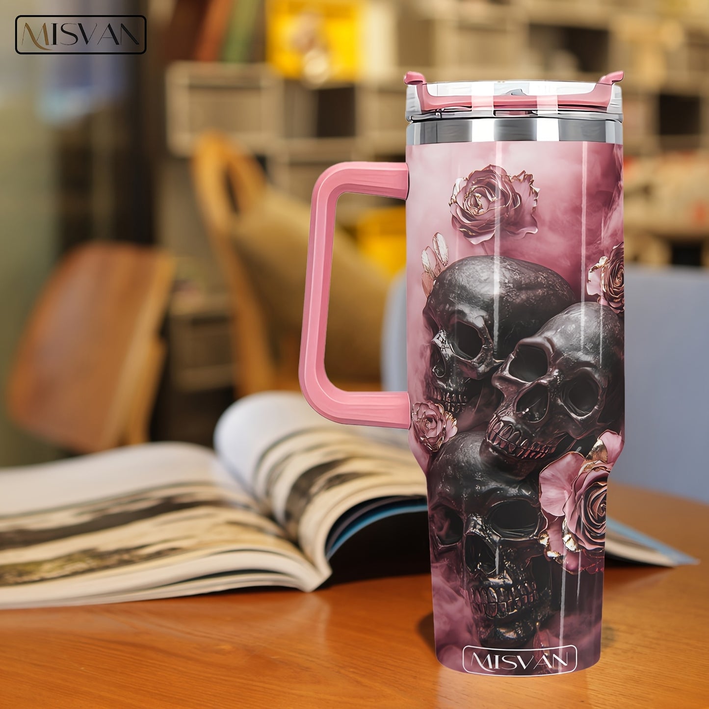 1pc MISVAN Personalized Tumbler with Lid - Custom Name Pink Golden Rose Skull Print 40oz Stainless Steel Insulated Water Bottle, BPA-Free Hot & Cold Drinkware for Outdoor Travel, Mother's Day Father's Day Graduation Gifts
