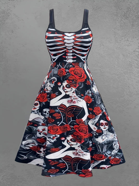 Plus Size - Plus Size - Women'S Gothic Skull & Rose Print A-Line Dress - Black with Colorful Halloween Design, Spaghetti Strap, Stretchy Fabric, Casual Style, Perfect for Halloween or Themed Parties, Halloween Dress | Spaghet