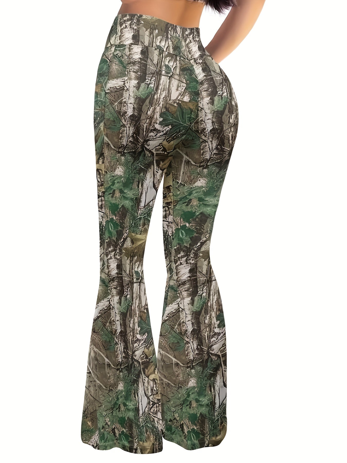 Women'S Elegant Jungle Camouflage Flare Leg Pants, 100% Polyester Knit Fabric, Medium Stretch, All-Season, 200g/m² Weight, Random Print Design