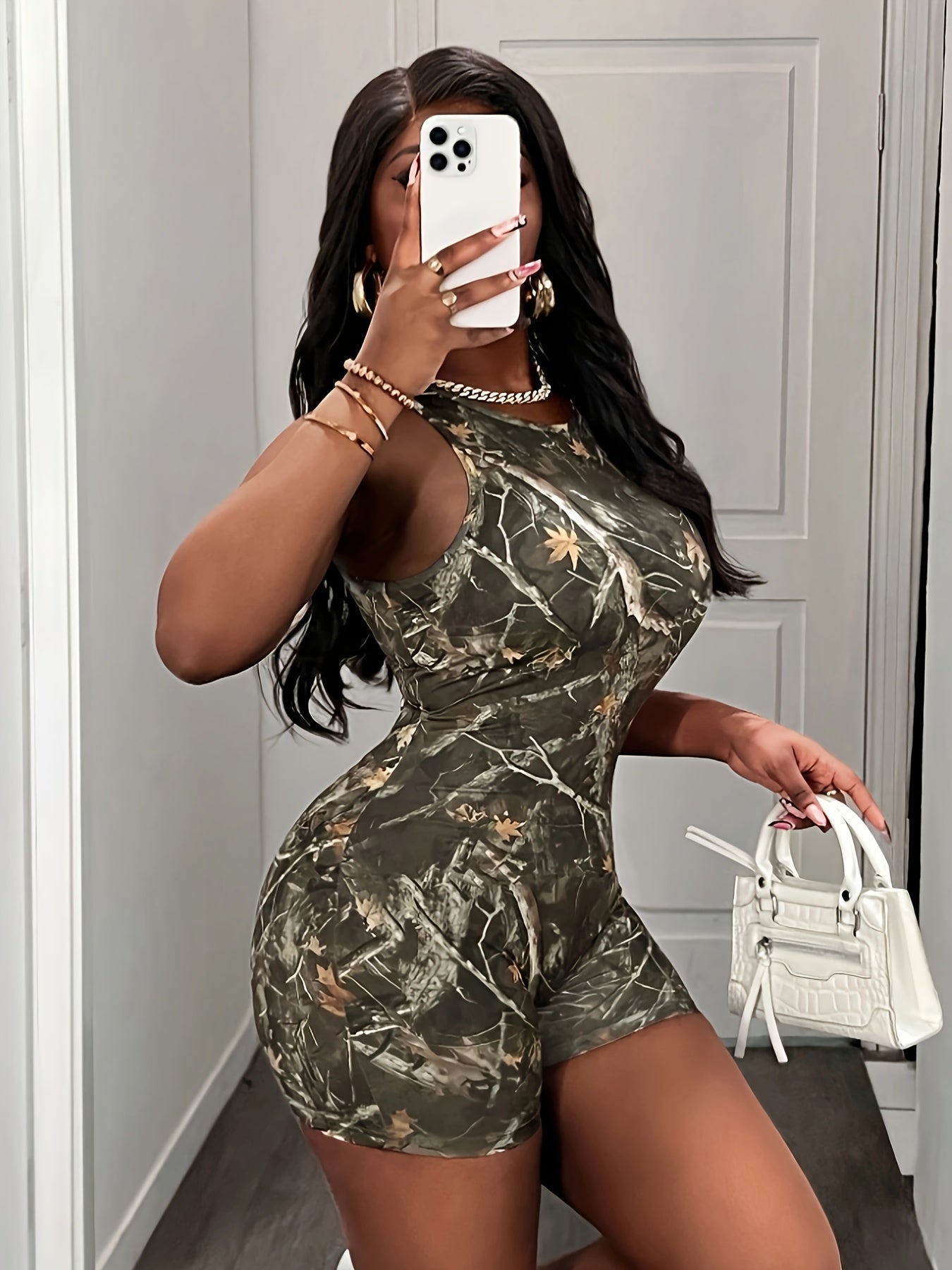 [Women's Jumpsuit] Women's Jumpsuit - Non-See-Through Outfit, Machine Washable, for Parties, Everyday & Formal Events - Spring/Fall/Summer Casual to Formal Attire, Party Attire, Natureinspired Print, Stretchy Fabric, Spring F