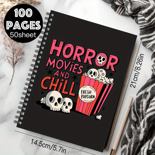 1pc Horror Movies & Chill Halloween Spiral Notebook - Spooky Popcorn & Skull Design with Perforated Pages, A5 Horror-Themed Journal for Movie Nights, Gift for Horror Fans, Halloween Party Decorations