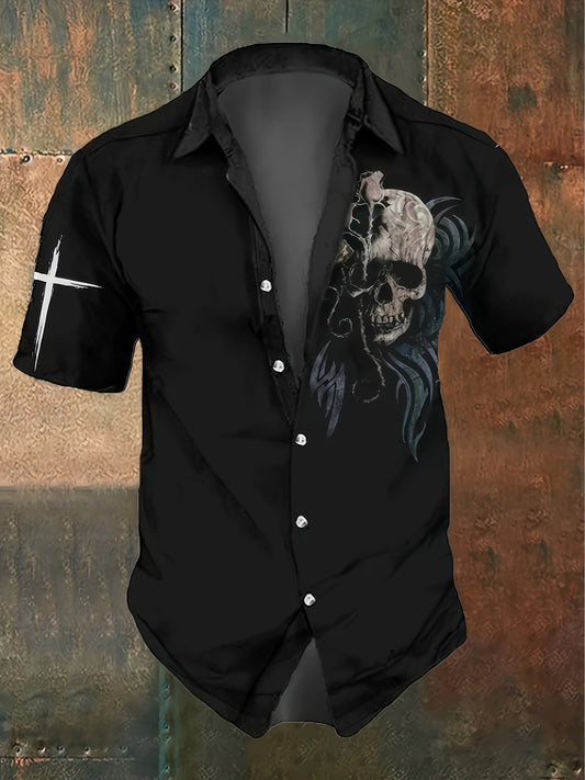 Men's Gothic Shirt - Lightweight Button-Up with Chest Crossbones Graphic, Formal-like Collar - Easy-Care Hand Wash - Perfect for Halloween, Costume Parties, Everyday Gothic Outfits - Edgy Casual Blends Formal & Streetwear Sty
