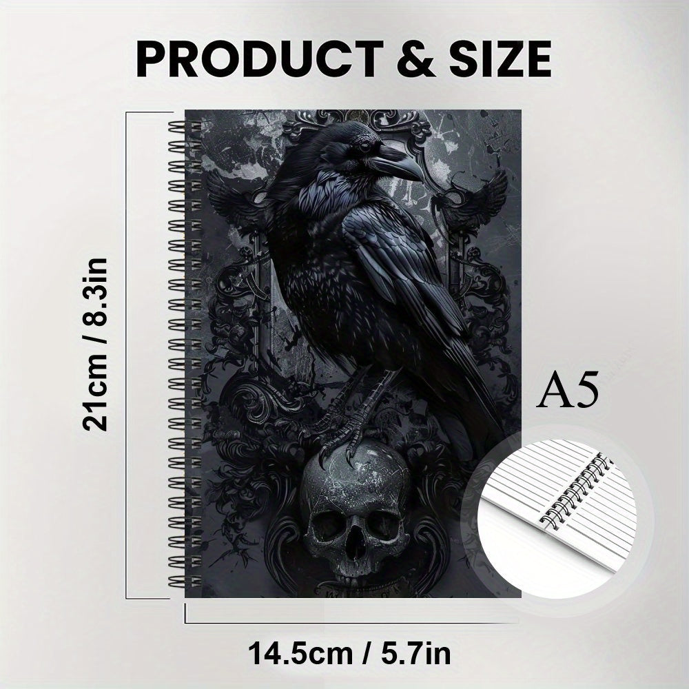 1pc Gothic Spiral Notebook - Dark Academia Journal with Raven & Skull, Gothic Writing Planner, Compact Notebook for Halloween, Gothic Decor, Everyday Use - Ideal for Students, Writers, Dark Fantasy Gifts, Diary Planner, Vinta