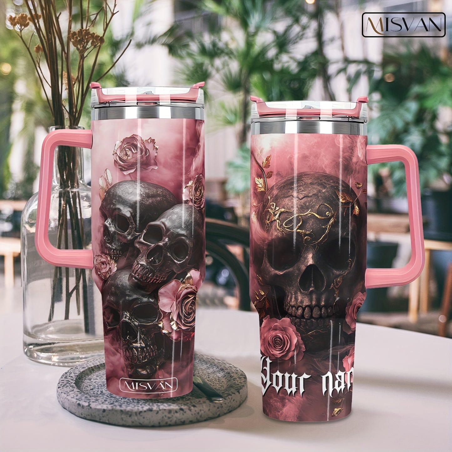 1pc MISVAN Personalized Tumbler with Lid - Custom Name Pink Golden Rose Skull Print 40oz Stainless Steel Insulated Water Bottle, BPA-Free Hot & Cold Drinkware for Outdoor Travel, Mother's Day Father's Day Graduation Gifts