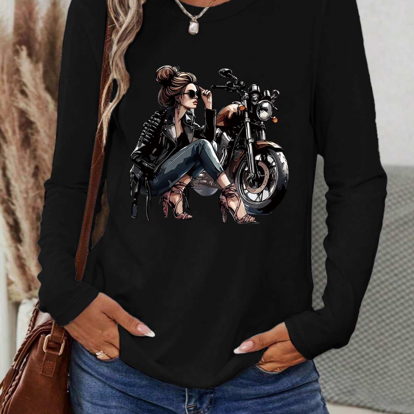 [Vibrant Yellow T-Shirt] Vibrant Yellow Women's Motorcycle Graphic Long Sleeve T-Shirt | Casual Round Neck Spring Summer Top with Geometric Print, Machine Washable, Relaxed Fit, Durable