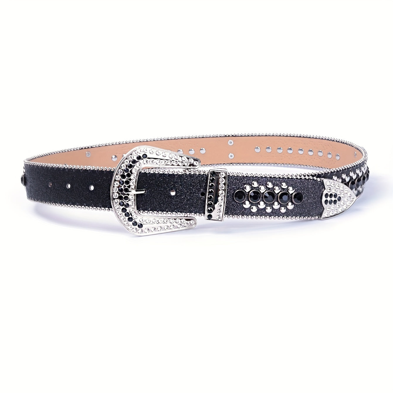 YIQIFEFA Punk Rhinestone & Stud Skull Belt for Women - Sparkling Black PU Western Cowboy Style Belt with Metallic Accents, Casual Outing to Party Accessory, Evening Accessory, Edgy Fashion Accessory, Stylish Craftsmanship, Al