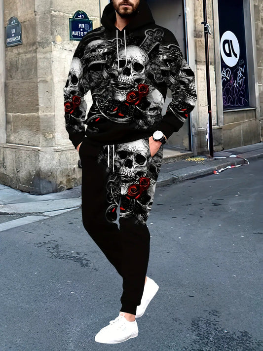 Men'S Gothic 3D Skull & Rose Print Hooded Sweatsuit - Full-Zip & Matching Joggers Set, Stretch Polyester Tracksuit with Pockets, Regular Fit Casual Outdoor Hiking & Casual Attire, Spring/Fall Themed Outfit (Skull & Rose Desig
