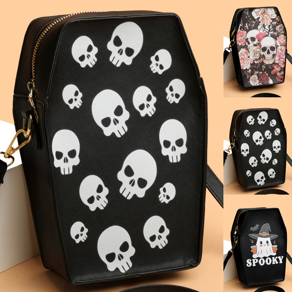 MINI Halloween Skeleton Coffin Women's Crossbody Bag, Thriller Horror Square Purse Black Punk Style Shoulder Handbag for Spooky Party Evening Event Cell Phone Pouch Lipstick Makeup Cosmetic Daily Street Shopping Movie Fan Gif