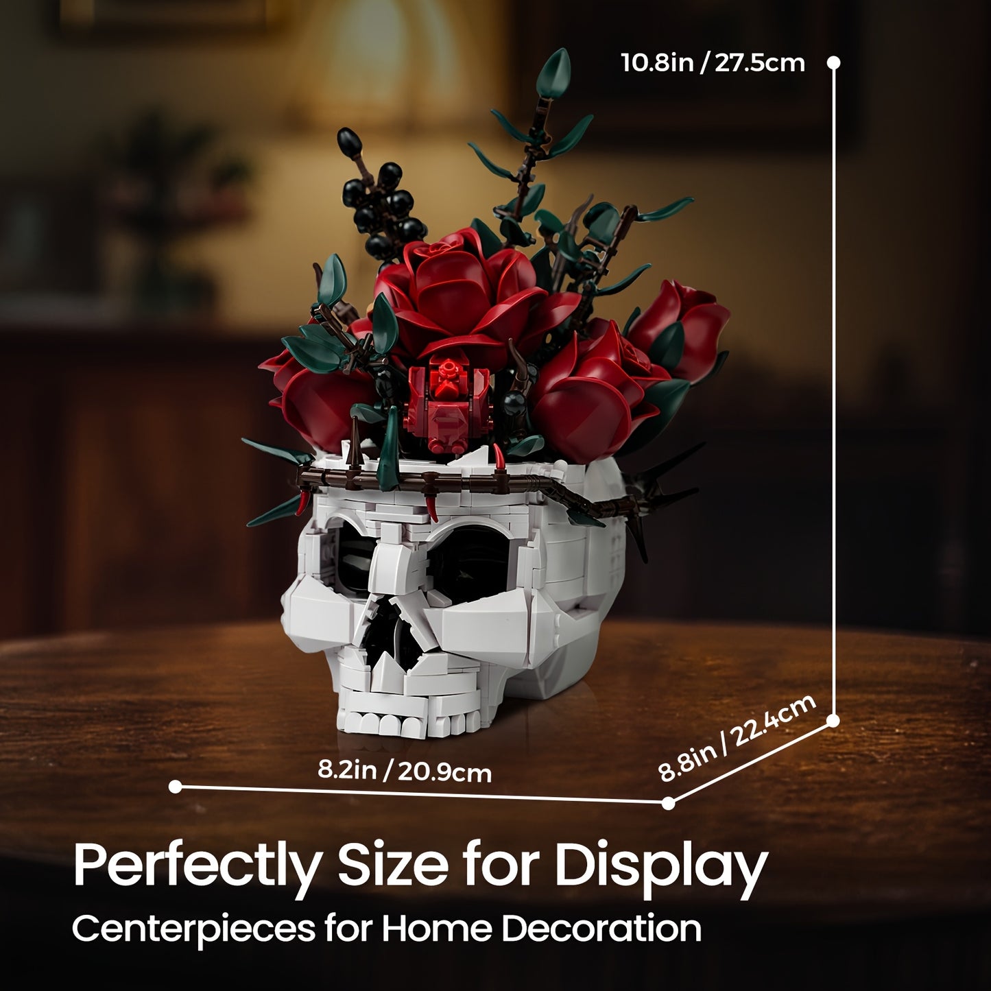 1101pcs Gothic Building Blocks Set - Large-Scale Skull & Rose Flower Model with Intricate Dark Art Design, Interlocking Bricks for Adults, Challenging Assembly, Collectible Display, Gothic Home Decor, Halloween Party Decorati