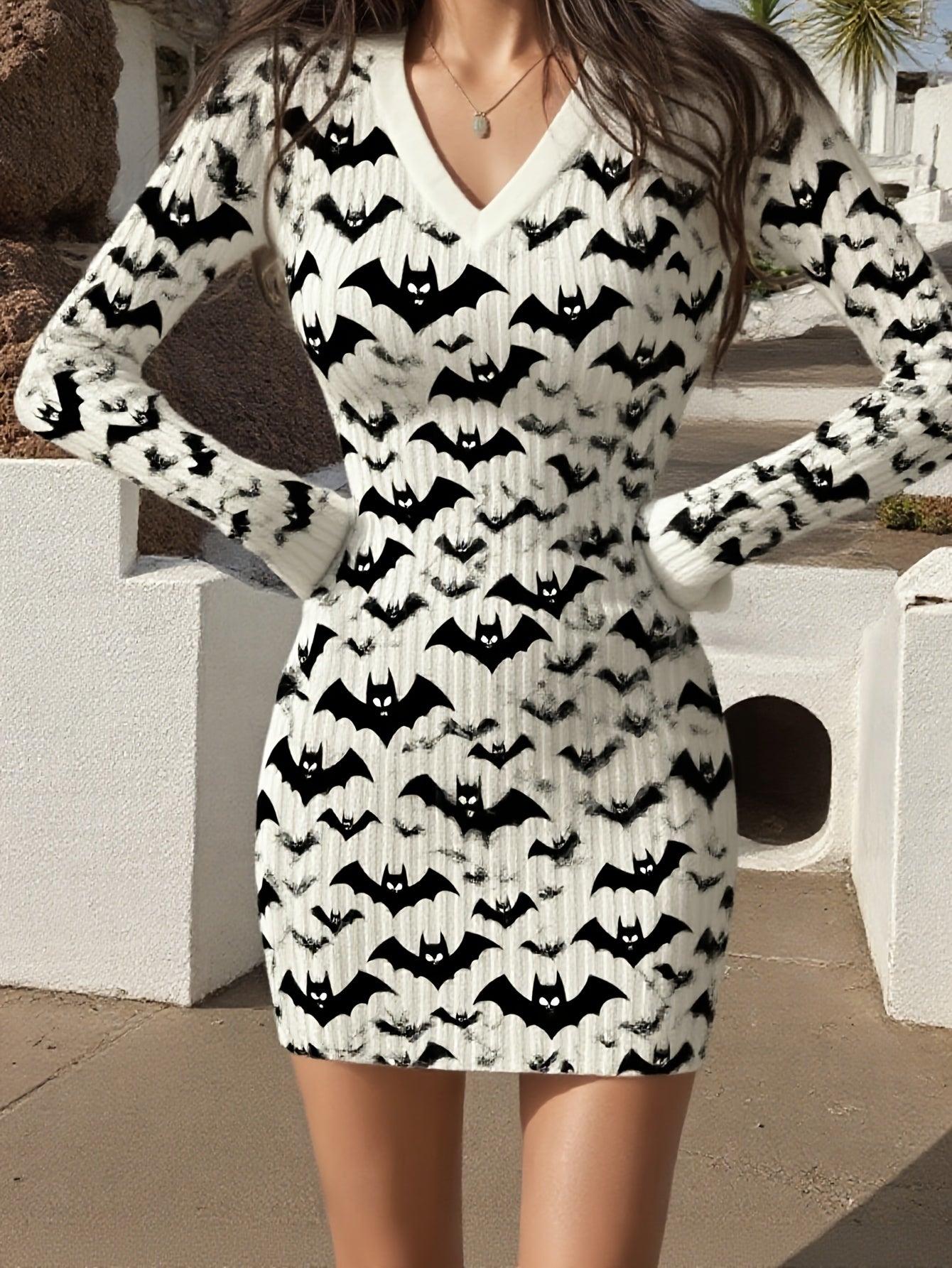 Women's Sexy Bat & Black Ribbon White Sweater Dress - Hugging Slim-Fit V-Neck Long Sleeve Batwing Sleeve Costume, Mid-Length Gothic Party Outfit for Halloween Costumes & Winter Wear, Affordable Bat Pattern Dress, Winter Dress