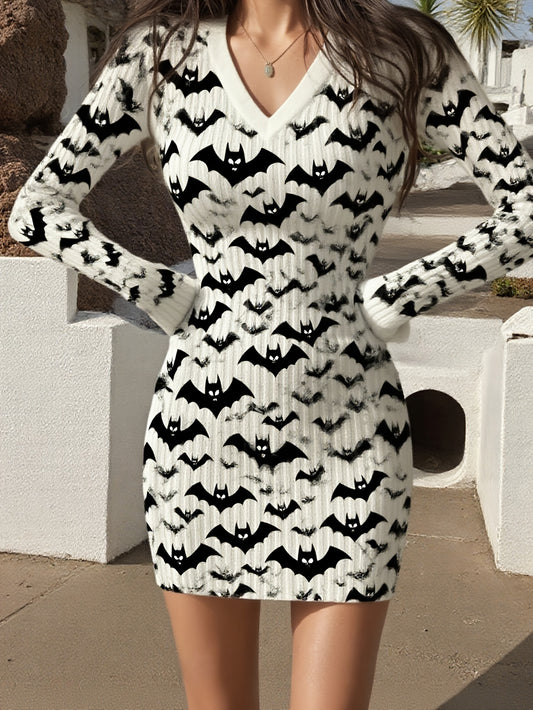 Women's Sexy Bat & Black Ribbon White Sweater Dress - Hugging Slim-Fit V-Neck Long Sleeve Batwing Sleeve Costume, Mid-Length Gothic Party Outfit for Halloween Costumes & Winter Wear, Affordable Bat Pattern Dress, Winter Dress