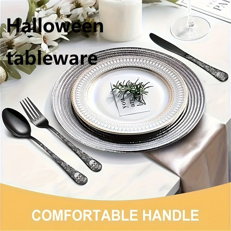 16/24pcs Gothic Design Cutlery Service for 4/6/8, Premium Stainless Steel Flatware Includes Spoon Fork And Knife, Cool Silverware with Skull&Rose Pattern, Nice Gift for Dark&Rock Lover/Halloween/Day of The Dead/Cinco De Mayo/