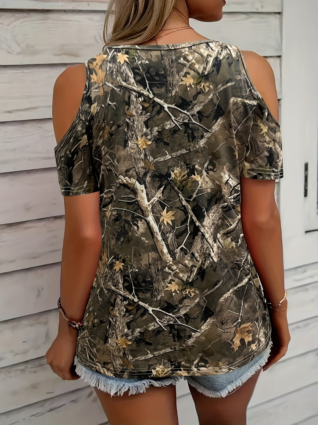 Women's Tropical Print Cold Shoulder V-Neck T-Shirt - Elegant Short Sleeve Top with Camouflage Design, Breathable Polyester Blend, Perfect for Outdoor Adventures and Casual Wear