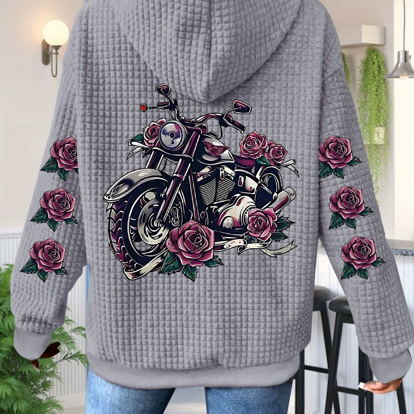 [Floral Motorcycle Hoodie] Polyester Women's Motorcycle & Rose Graphic Zip-Up Hoodie - Black with Pink Floral Accents, Full-Zip Closure Hooded Sweatshirt, Machine Washable Pullover for Everyday & Themed Events, Motorcycle Gea