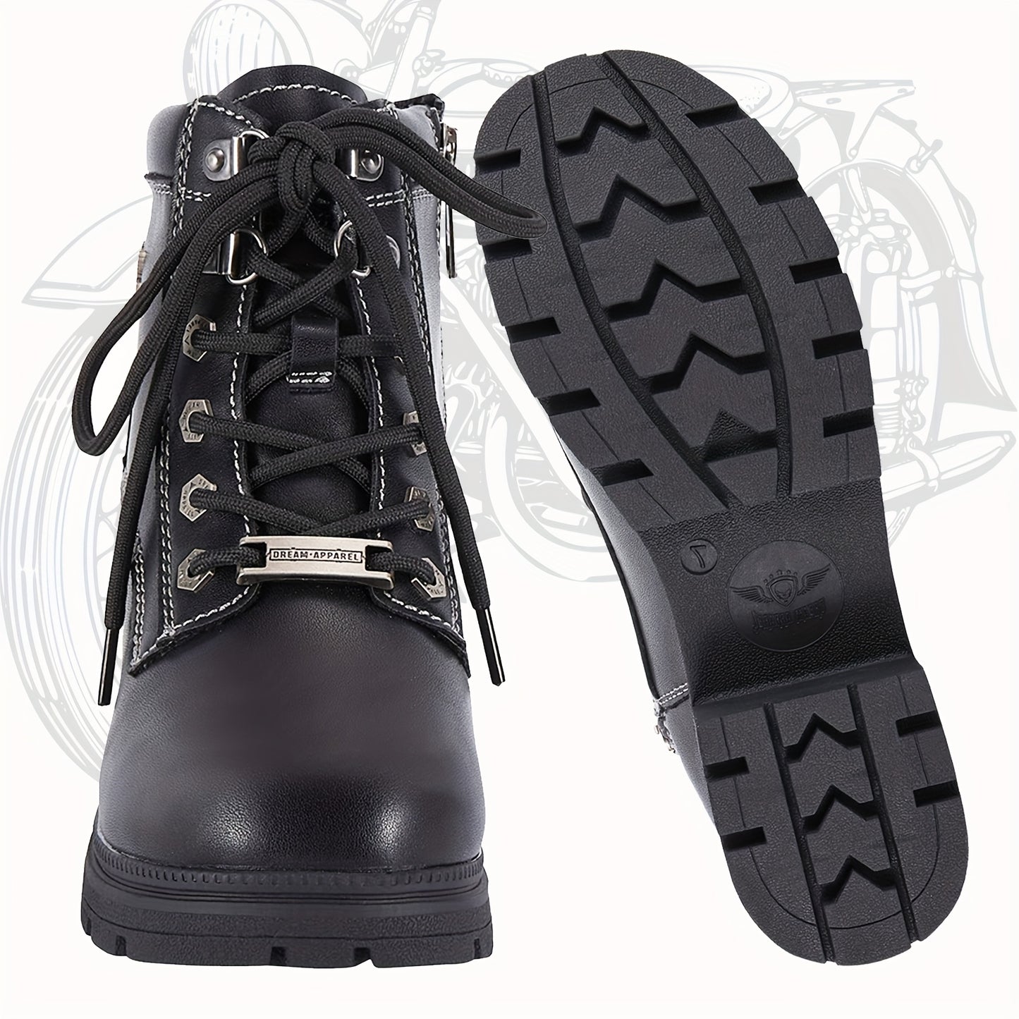 [Womens Low Heel Biker Boots] Black Faux Leather Womens Lace Up Motorcycle Riding Boots | Side Zipper, Ankle Booties, Biker Boots, Combat Boots For Ladies With Low Heel, Non-Slip, Square Toe, For All-Season Riding Shoes