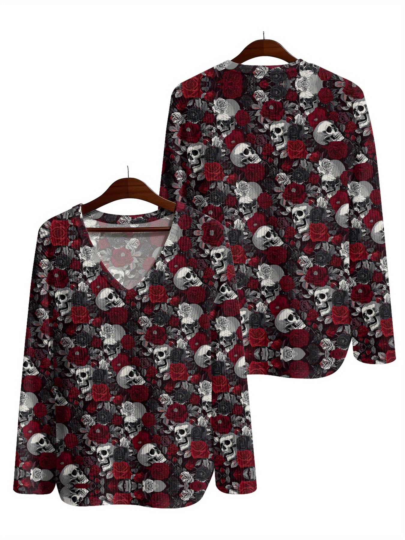 Women's Gothic Boho V-Neck Sweater - Oversized Loose Fit Long Sleeve Pullover with Asymmetrical Hem & Skull & Rose Print in Burgundy/Black/White/Gray - Cozy Fall Winter Sweater for Casual & Formal Outfits, Breathable H-Line S
