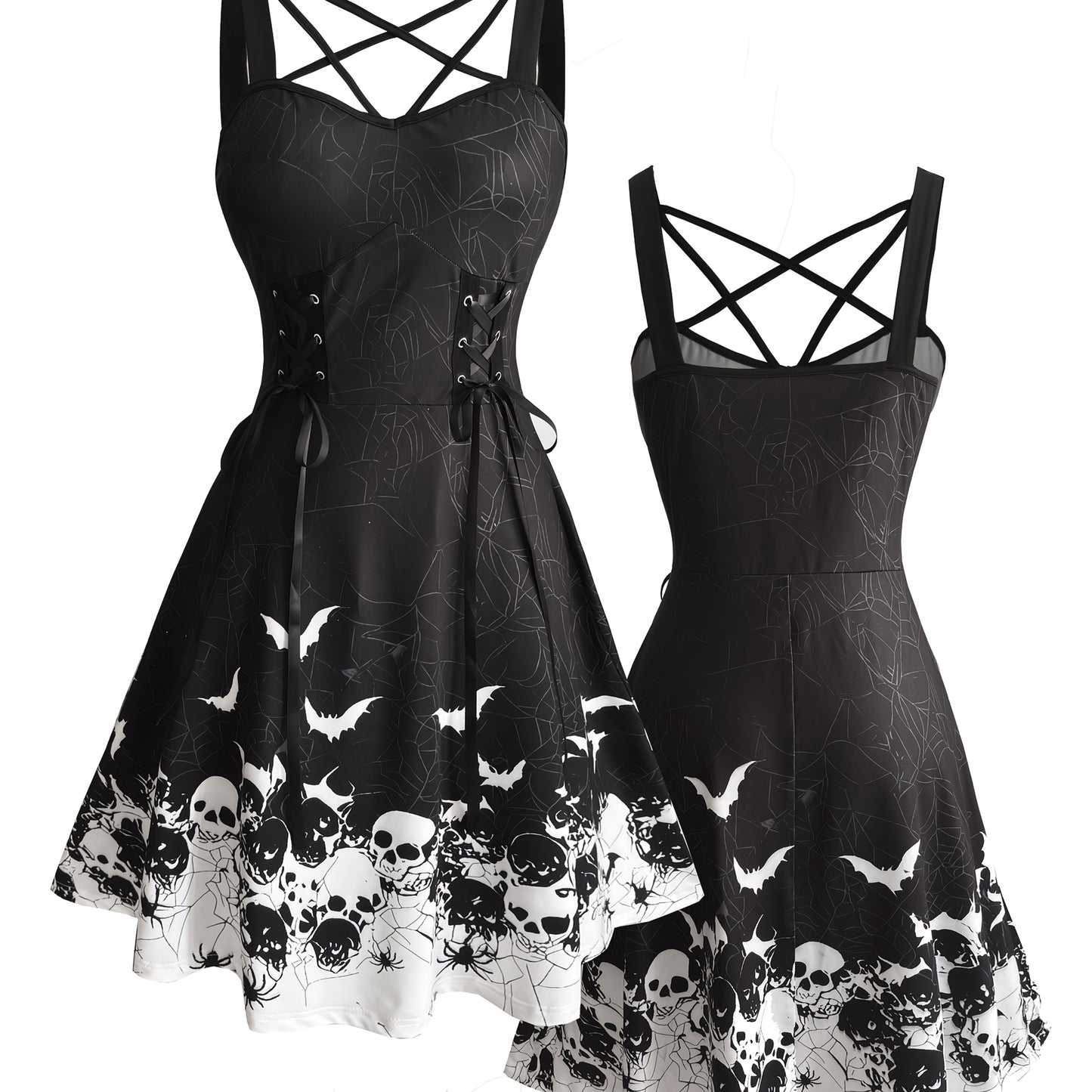 Women'S Gothic Halloween Party dress - Black Formal & Everyday Gothic outfit with Bat Silhouette Print, Flared Hem, Knee-Length Costume for Halloween, Gothic Events, Themed Parties - Fall Winter Clothing, Halloween Clothes, T