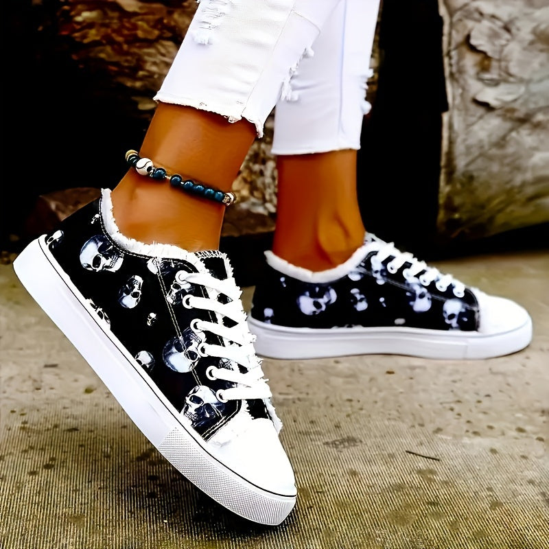 Women'S Halloween Skull Print Shoes, Casual Lace Up Outdoor Shoes, Lightweight Low Top Sneakers Plus Size