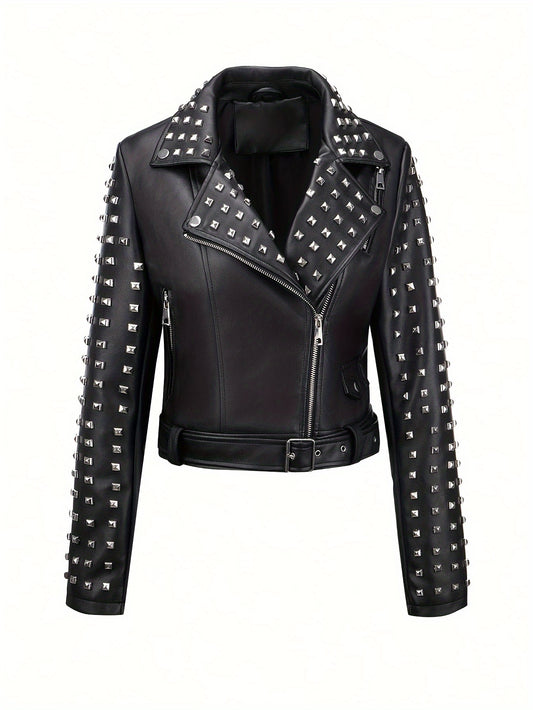 Women'S Simple Versatile Faux Leather Square Nail Style Motorcycle Jacket Coat with Belt, Faux Leather, Polyester 92.00%, Viscose 8.00%, Solid Color, Casual Biker Style, Woven, 60g/㎡ Lining Weight