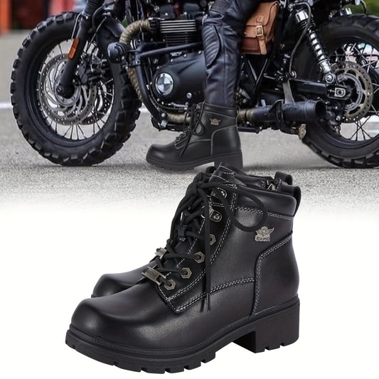 [Womens Low Heel Biker Boots] Black Faux Leather Womens Lace Up Motorcycle Riding Boots | Side Zipper, Ankle Booties, Biker Boots, Combat Boots For Ladies With Low Heel, Non-Slip, Square Toe, For All-Season Riding Shoes