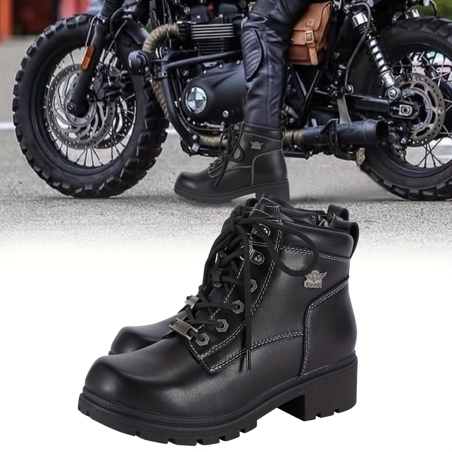 [Womens Low Heel Biker Boots] Black Faux Leather Womens Lace Up Motorcycle Riding Boots | Side Zipper, Ankle Booties, Biker Boots, Combat Boots For Ladies With Low Heel, Non-Slip, Square Toe, For All-Season Riding Shoes