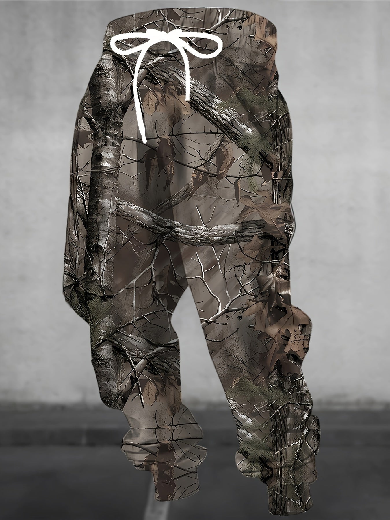 [3D Camo Hunting Pants] Polyester Blend Men's 3D Camo Hunting Pants with Drawstring & Pockets | Stylish Jogger Sweatpants, All-Over Print, Casual Outdoor Wear for Hiking & Hunting