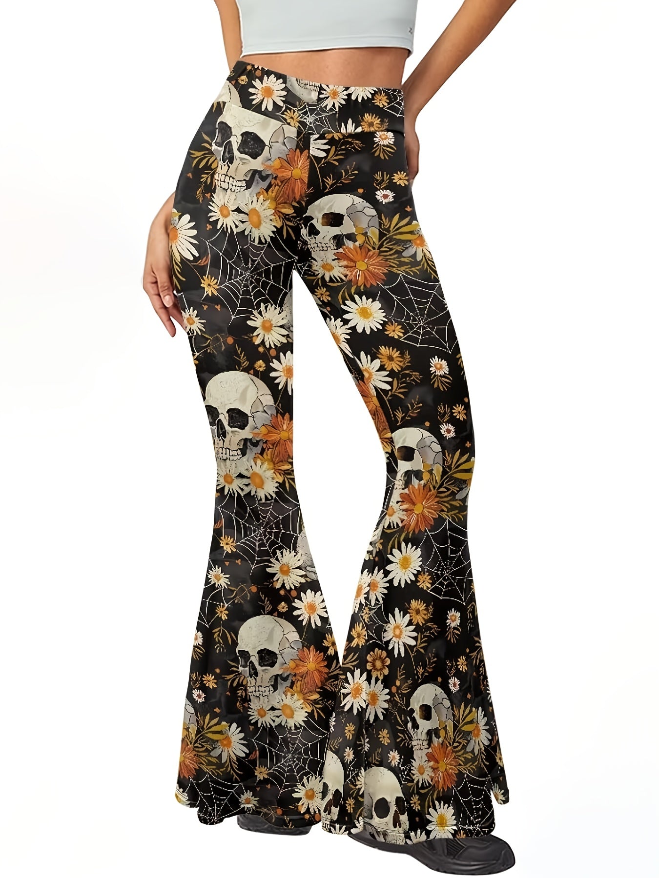 Women'S Gothic Floral pants - High-Waisted Stretchy Flare Leg Pants with Bell Bottoms, Black/Orange/White Floral Print - Edgy Y2K Outfit for Concerts, Parties, Casual Attire - All-Season Stretch Jeans, Party Attire, Comfortab