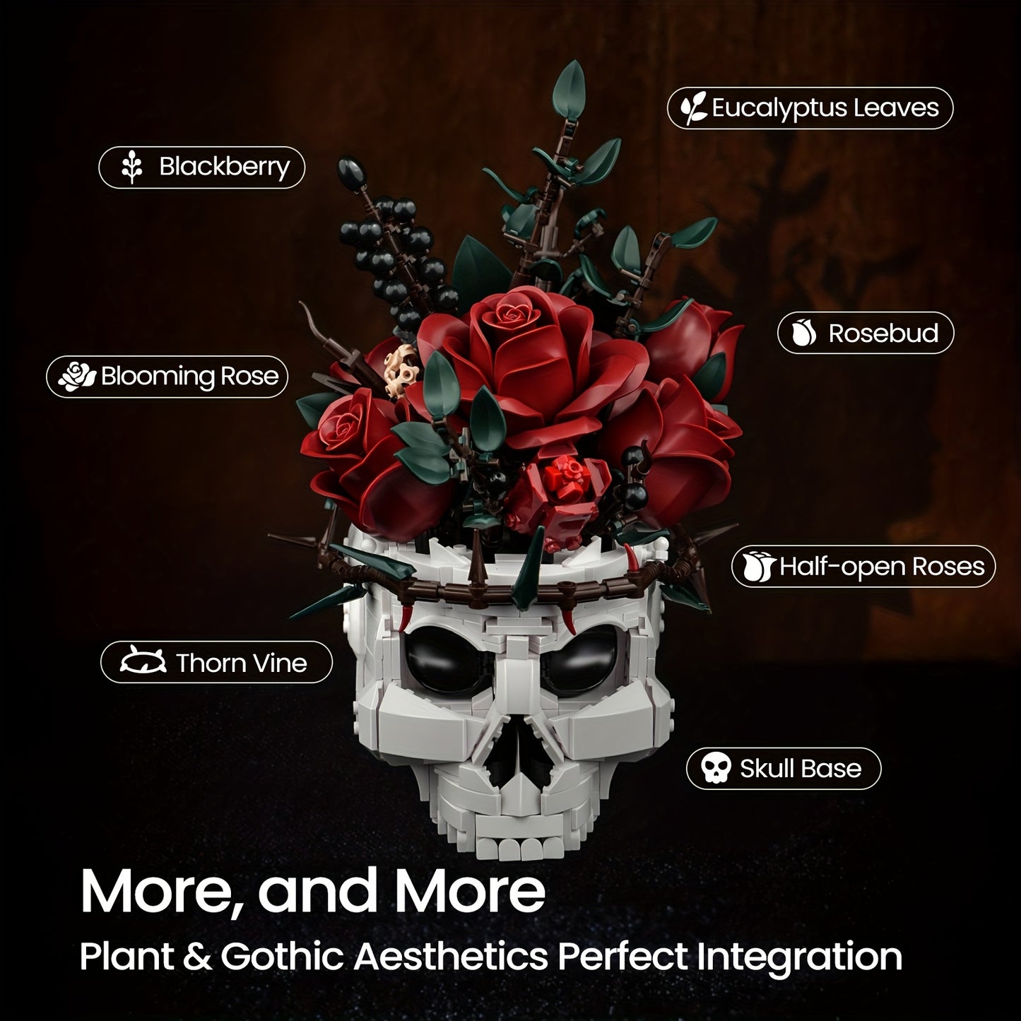 1101pcs Gothic Building Blocks Set - Large-Scale Skull & Rose Flower Model with Intricate Dark Art Design, Interlocking Bricks for Adults, Challenging Assembly, Collectible Display, Gothic Home Decor, Halloween Party Decorati
