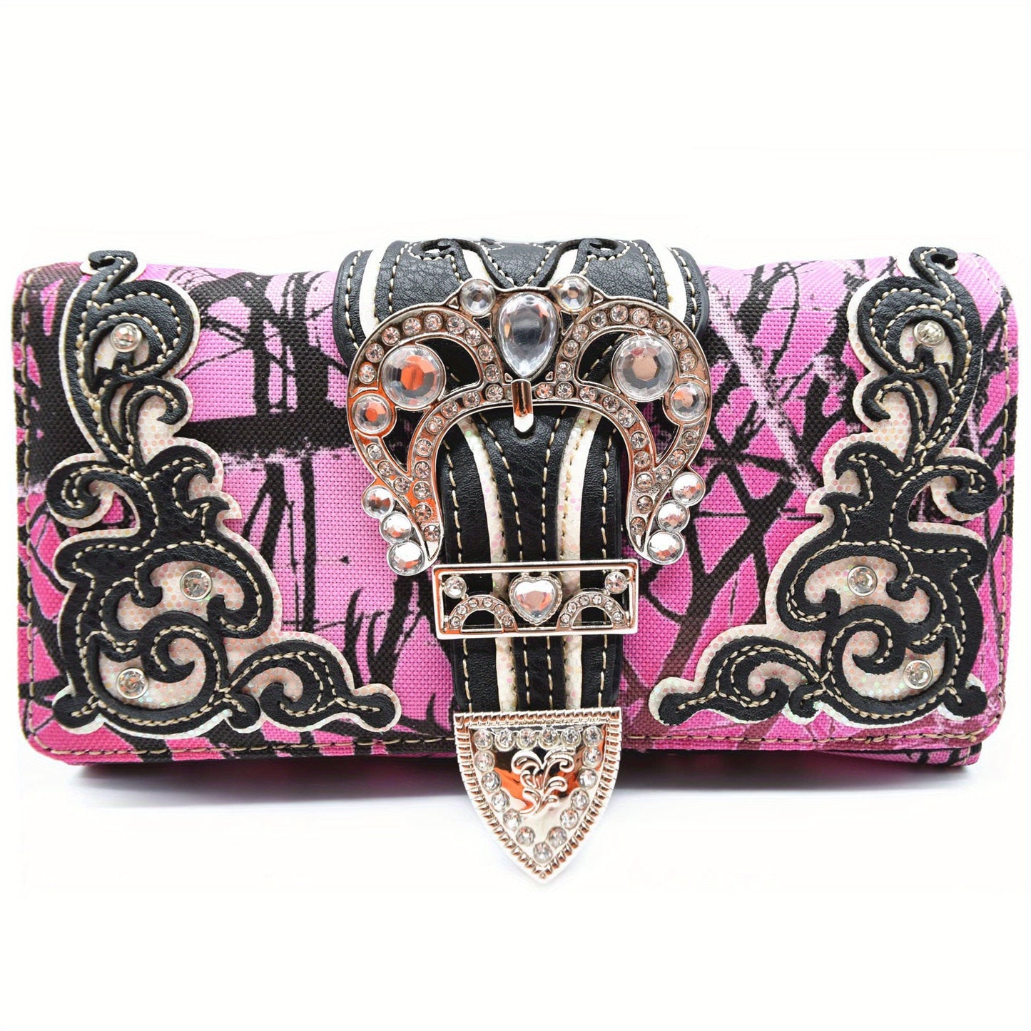 Camouflage Crown Buckle Western Style Purse Floral Shine Glow Country Handbag Women Shoulder Bag Crossbody Wallet Set