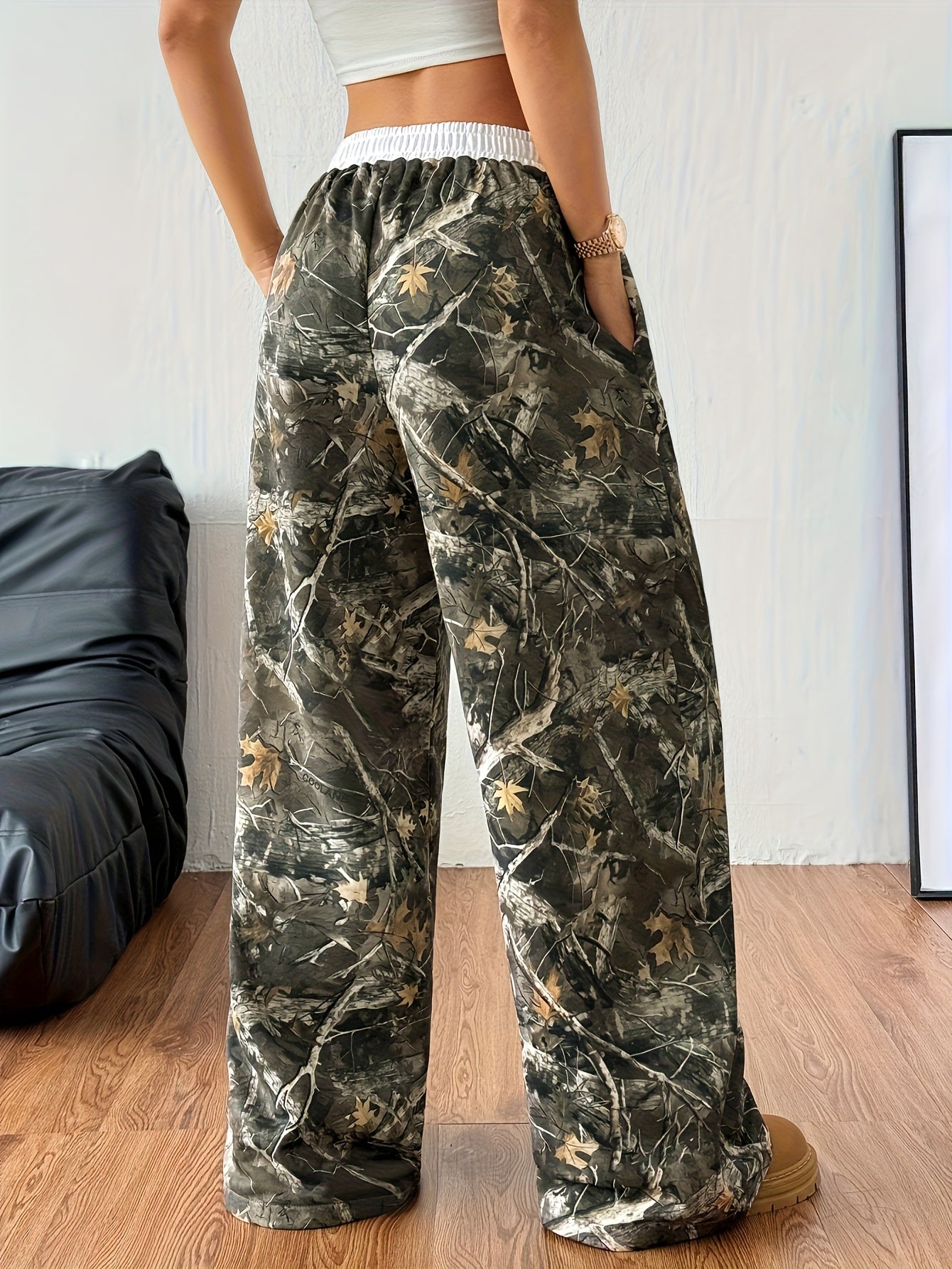 Women's Elegant Winter Pants - Brown/Beige/Tan Camouflage leaf & tree branch print with White Belt - Wide-Leg Trousers with Pockets - Machine Washable Formal & Everyday Pants for Fall/Winter - Brown/Beige/Tan Tones - Office,