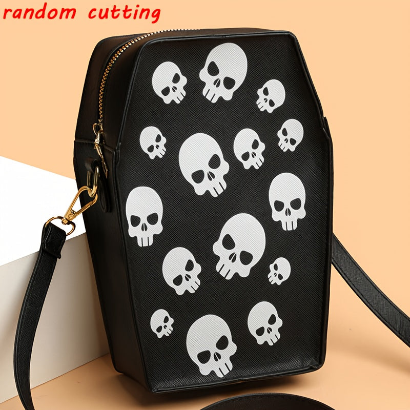 MINI Halloween Skeleton Coffin Women's Crossbody Bag, Thriller Horror Square Purse Black Punk Style Shoulder Handbag for Spooky Party Evening Event Cell Phone Pouch Lipstick Makeup Cosmetic Daily Street Shopping Movie Fan Gif