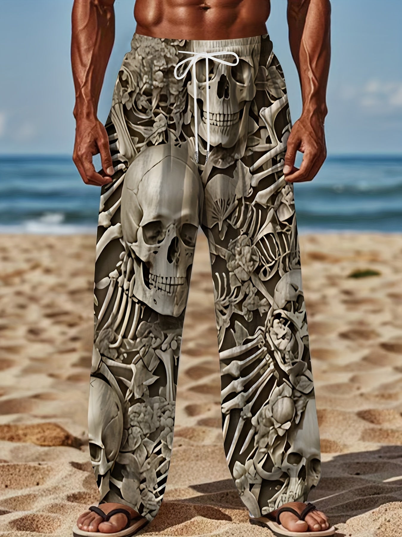 [Skull Print Joggers] Black Golden Skulls Men's Loose Fit Joggers | Comfortable Retro Style, Straight Leg, Drawstring Waist, Casual, Fall & Winter Comfort Wear