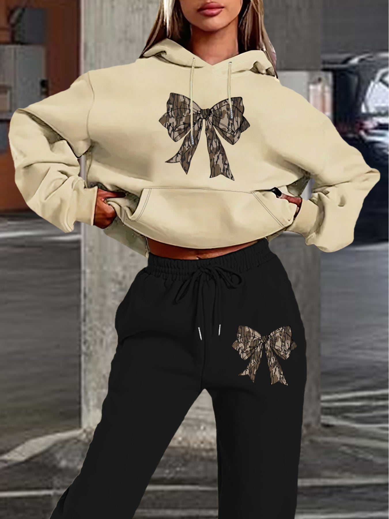 2024 Women's Navy Blue Hoodie & Jogger Set with Camo Bow Detail - Casual Long Sleeve, 100% Polyester Outfit, Machine Washable, Perfect for Fall/Winter