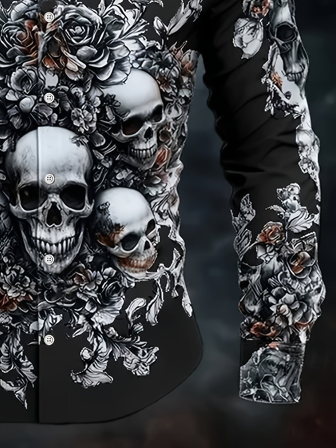 Men's Gothic Skull & Bat Wing Print Long Sleeve Shirt - Dark Blue & Black Gothic Style with White Collar & Button Front Closure, Machine Washable Durable Fabric for Halloween, Themed Parties & Casual Attire - Adult Men's Form