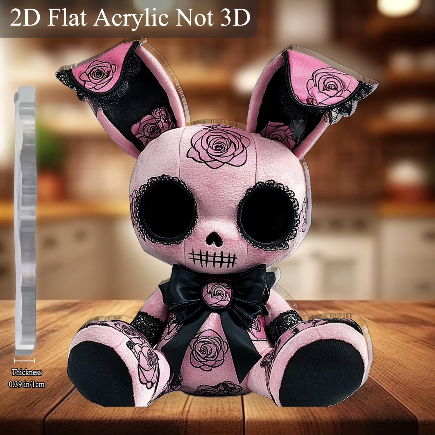 2D Flat, 1pc Gothic Style Bunny Plush Toy Acrylic Desktop Decor - Black & Pink with Rose Accents, 5.91" x 5.11", No Batteries Needed, Perfect for Office, Bar, Cafe, Valentine'S Day, Easter, or Gift for Friends, Cute Decor, Ba