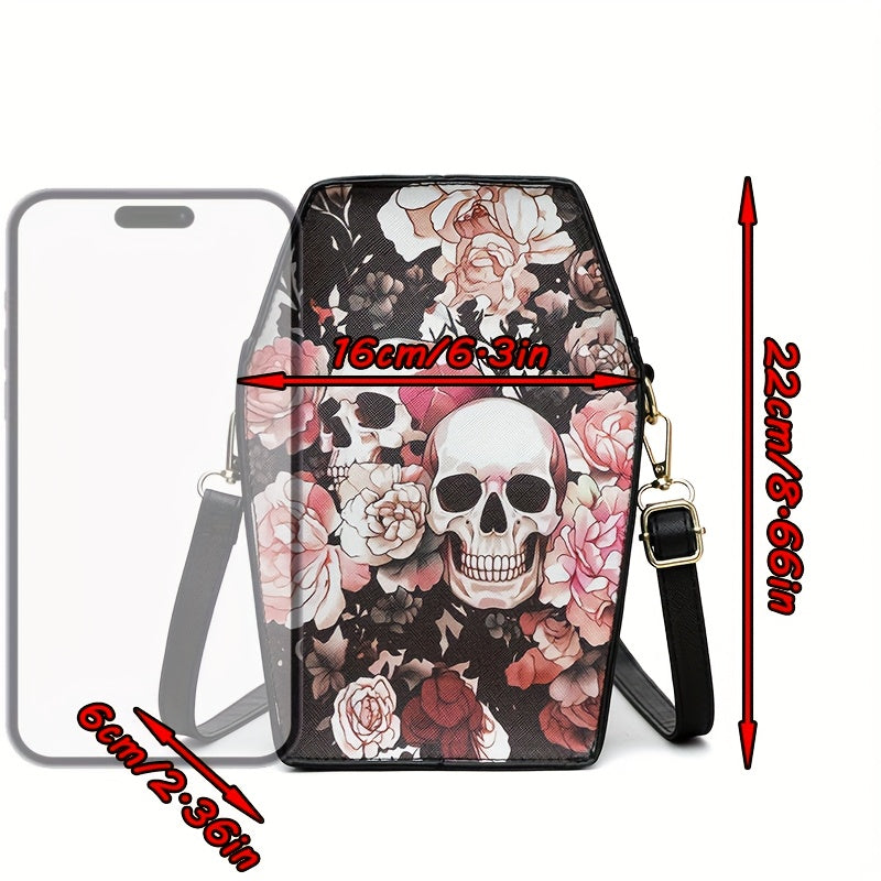 MINI Halloween Skeleton Coffin Women's Crossbody Bag, Thriller Horror Square Purse Black Punk Style Shoulder Handbag for Spooky Party Evening Event Cell Phone Pouch Lipstick Makeup Cosmetic Daily Street Shopping Movie Fan Gif